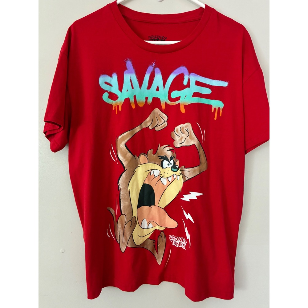 Looney Tunes T Shirt Mens Large Red Savage Taz Tasmanian Devil Graphic Tee Retro